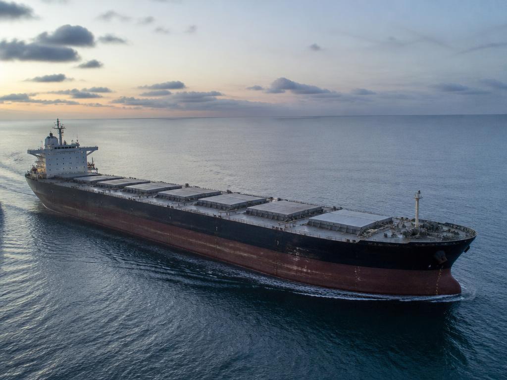Large bulk carrier vessel loaded with dry cargo at sea
