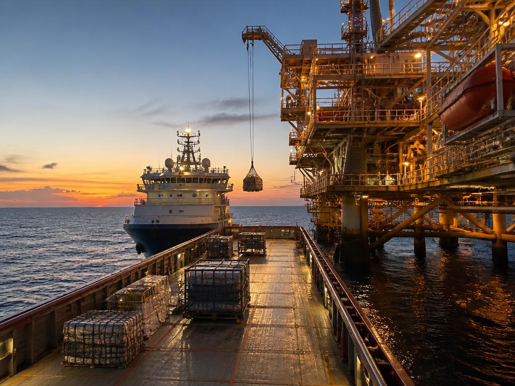 Offshore support vessel next to an offshore platform at dusk