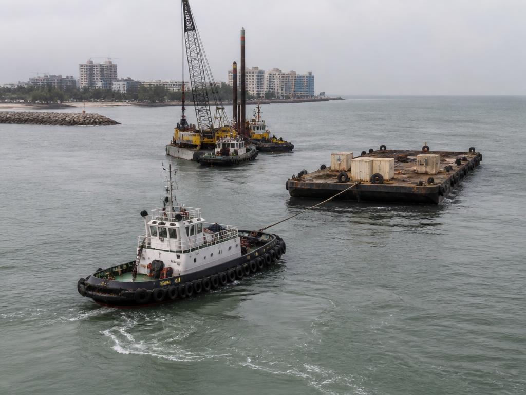 Tugboat towing a barge in a harbour with workboats nearby