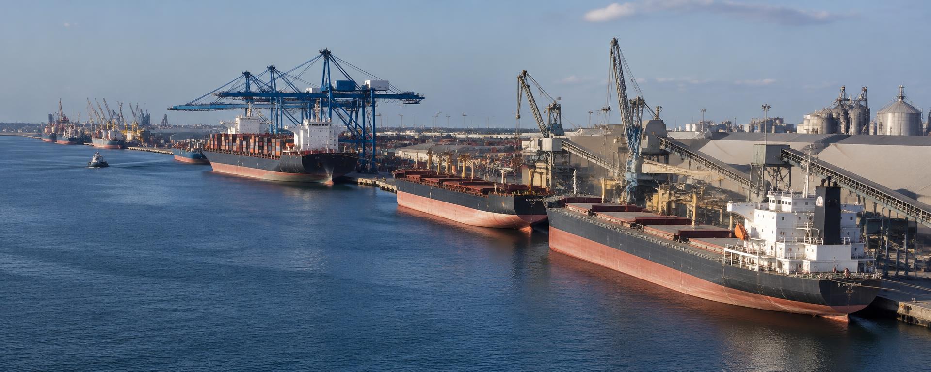 Illustrative panorama of merchant vessels and active commercial port terminals