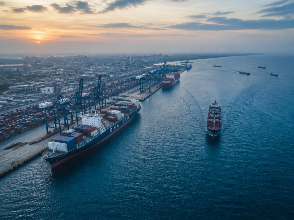 Aerial dawn view of a West African container port with cargo ships
